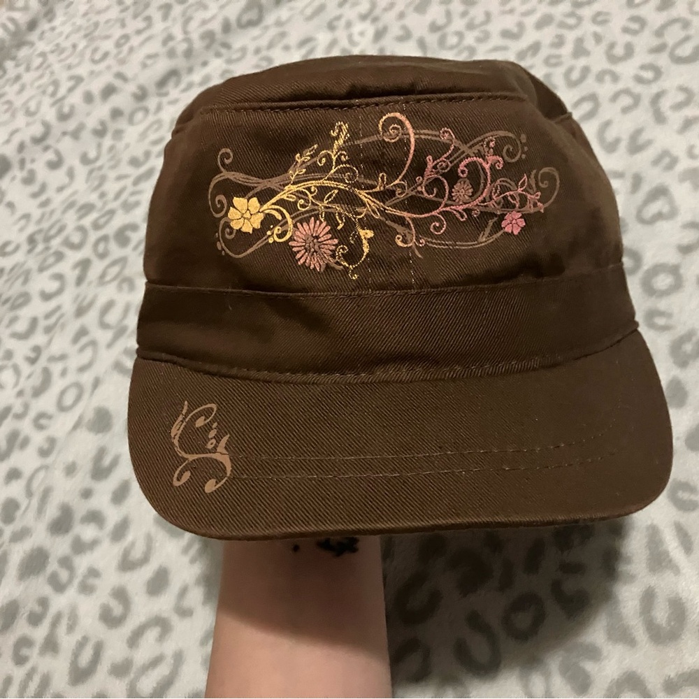 Brown and Pink Embroidered hat
